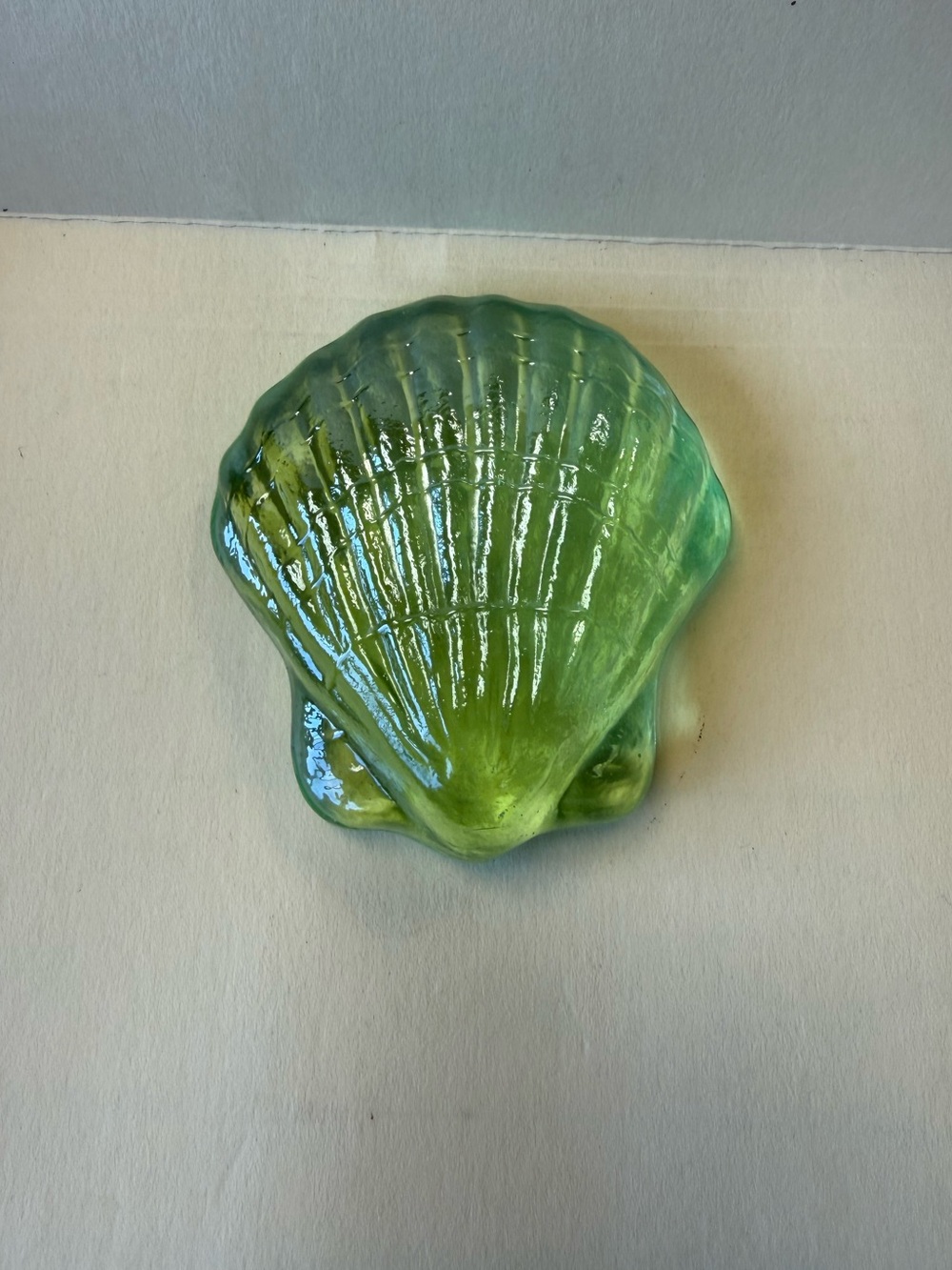 Art Glass Green Iridescent Scalloped Shell Paperweight Nautical Beachy